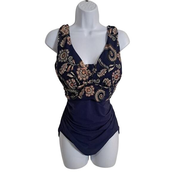 Lands End 1 Piece Swimsuit Sz 14 Navy Paisley Shirred Soft Cup Bra Slimming Boho - Picture 2 of 9